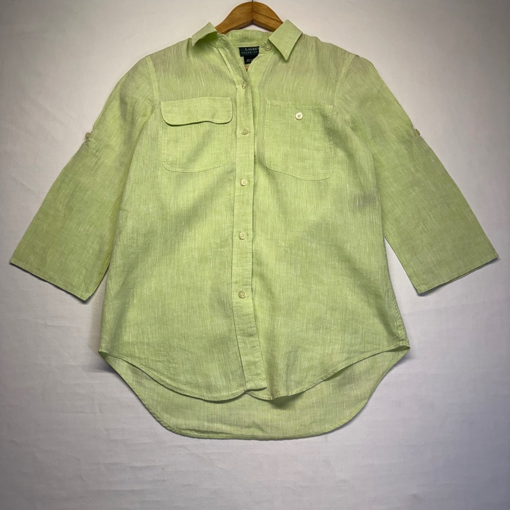 Lauren Ralph Lauren Linen Button Front Shirt Green Roll Tab Sleeve Small
